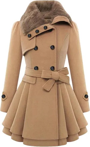 MAYRAIN Women's Mid Long Trench Coat Double Breasted Lapel Wool Blend Overcoat Winter Jacket Outerwear With Belt