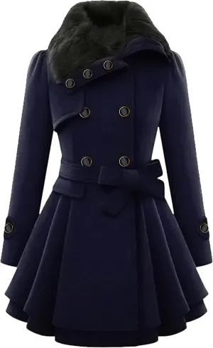 MAYRAIN Women's Mid Long Trench Coat Double Breasted Lapel Wool Blend Overcoat Winter Jacket Outerwear With Belt