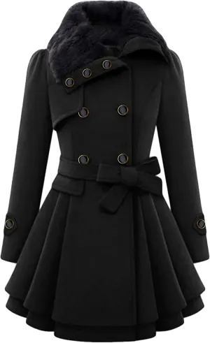 MAYRAIN Women's Mid Long Trench Coat Double Breasted Lapel Wool Blend Overcoat Winter Jacket Outerwear With Belt