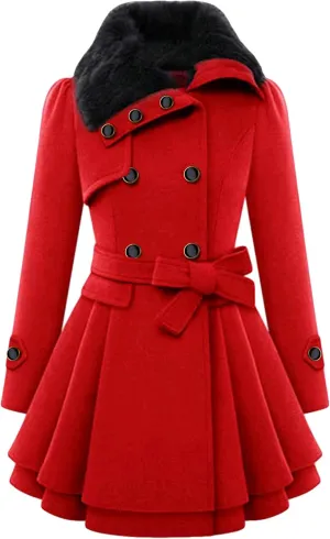 MAYRAIN Women's Mid Long Trench Coat Double Breasted Lapel Wool Blend Overcoat Winter Jacket Outerwear With Belt