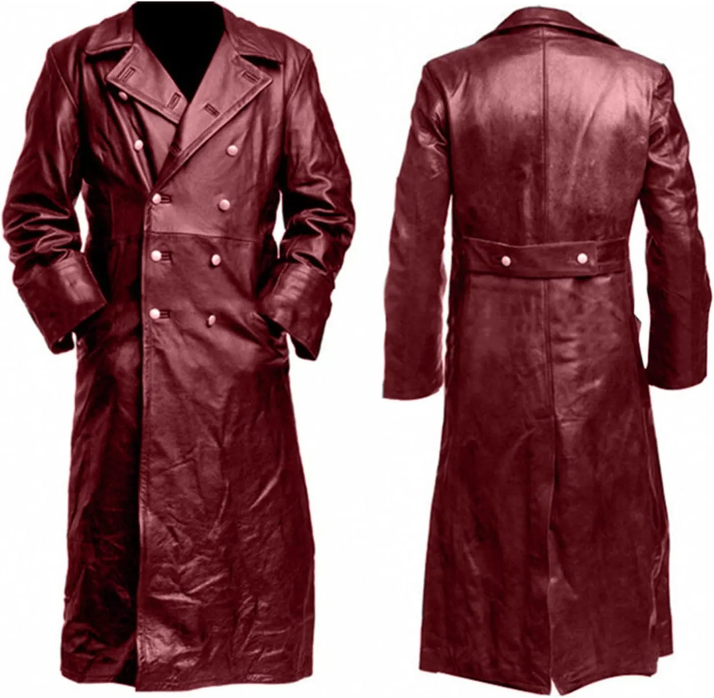Men Vintage Classic Double Breasted Leather Jacket Fashion Casual Long Trench Coat Officer Military Uniform Motorcycle Jacket