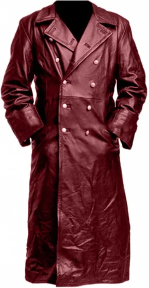 Men Vintage Classic Double Breasted Leather Jacket Fashion Casual Long Trench Coat Officer Military Uniform Motorcycle Jacket