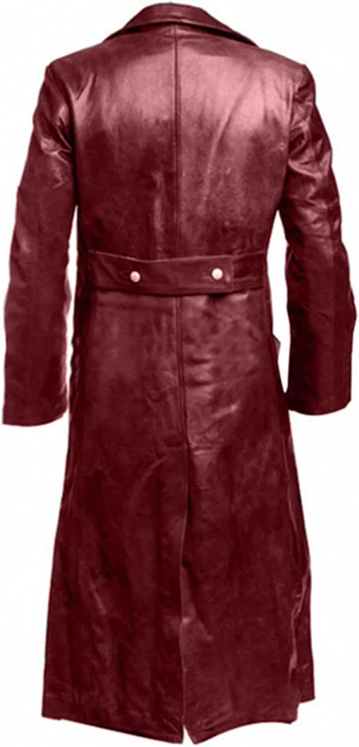 Men Vintage Classic Double Breasted Leather Jacket Fashion Casual Long Trench Coat Officer Military Uniform Motorcycle Jacket