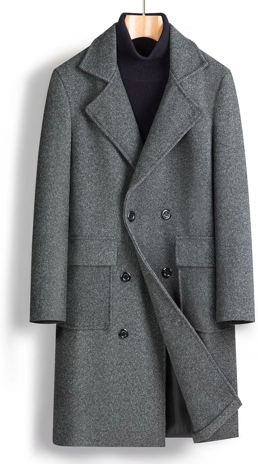 Men's Business Casual Long Trench Coat Classic Double Breasted Wool Blend Pea Coat Warm Winter Overcoat with Pockets