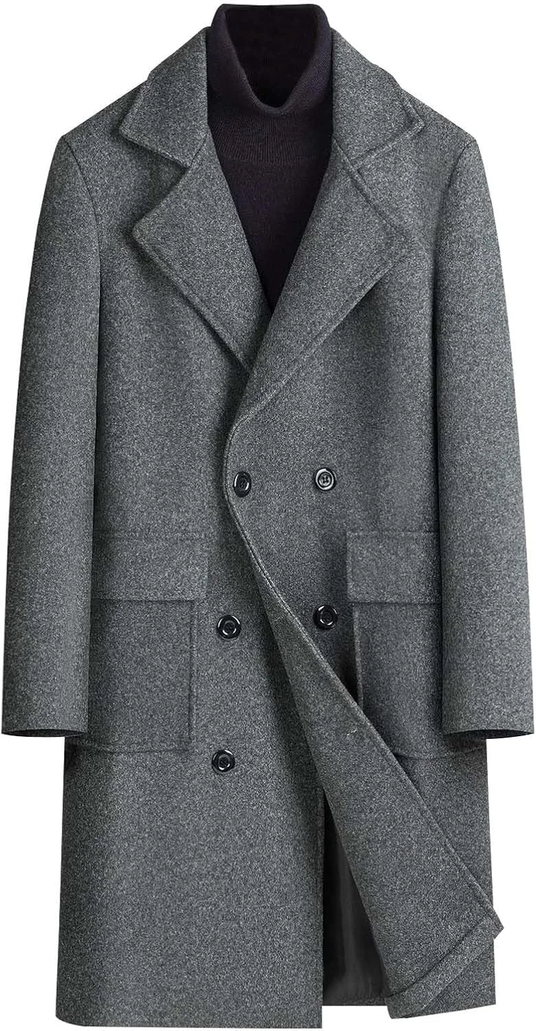 Men's Business Casual Long Trench Coat Classic Double Breasted Wool Blend Pea Coat Warm Winter Overcoat with Pockets