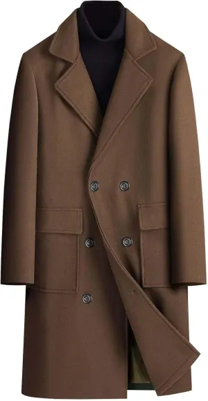 Men's Business Casual Long Trench Coat Classic Double Breasted Wool Blend Pea Coat Warm Winter Overcoat with Pockets