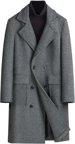 Men's Business Casual Long Trench Coat Classic Double Breasted Wool Blend Pea Coat Warm Winter Overcoat with Pockets
