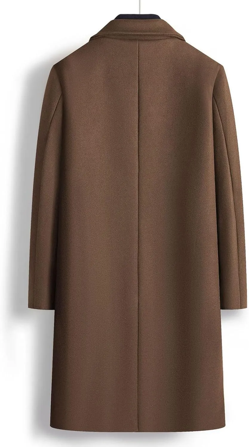 Men's Business Casual Long Trench Coat Classic Double Breasted Wool Blend Pea Coat Warm Winter Overcoat with Pockets