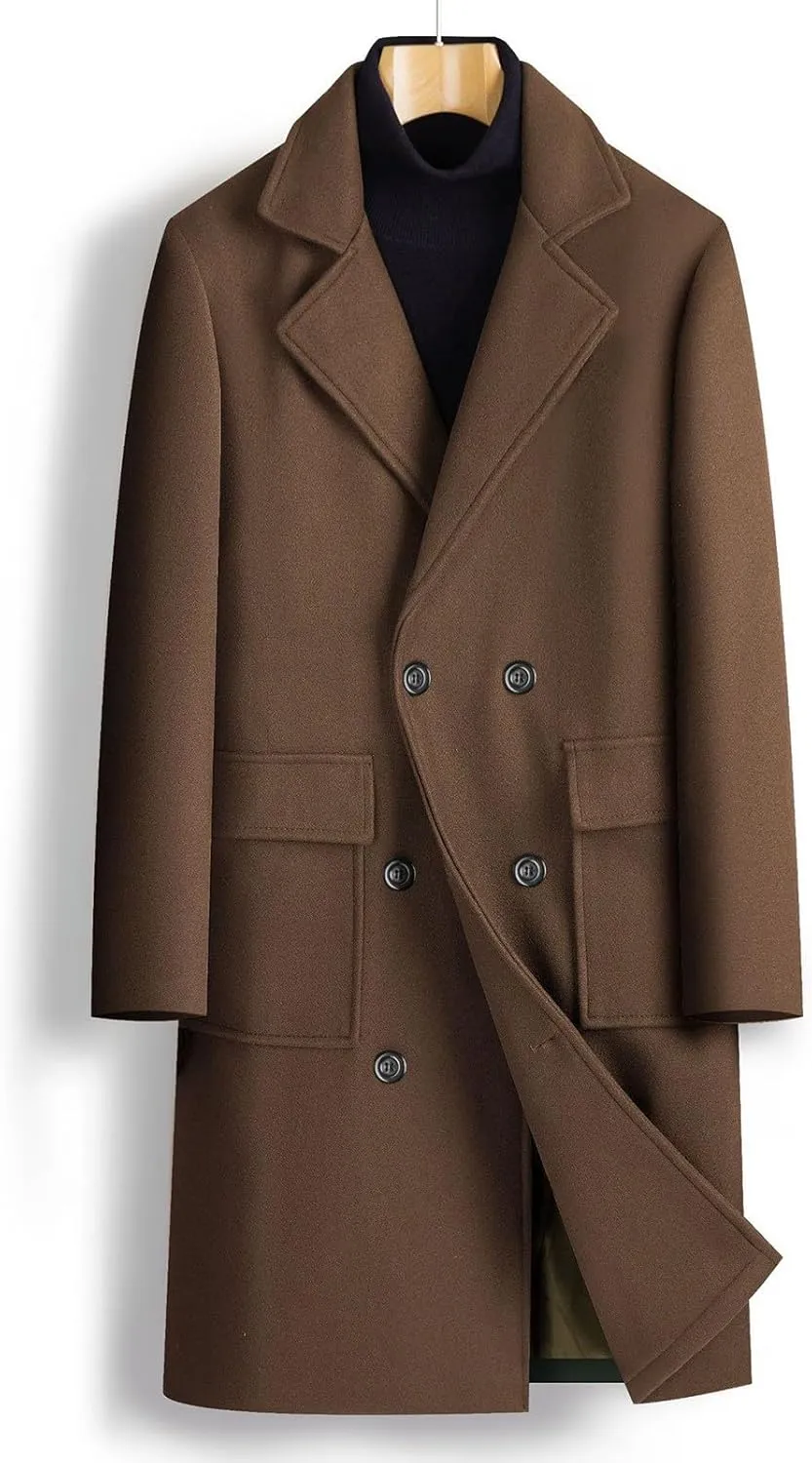 Men's Business Casual Long Trench Coat Classic Double Breasted Wool Blend Pea Coat Warm Winter Overcoat with Pockets
