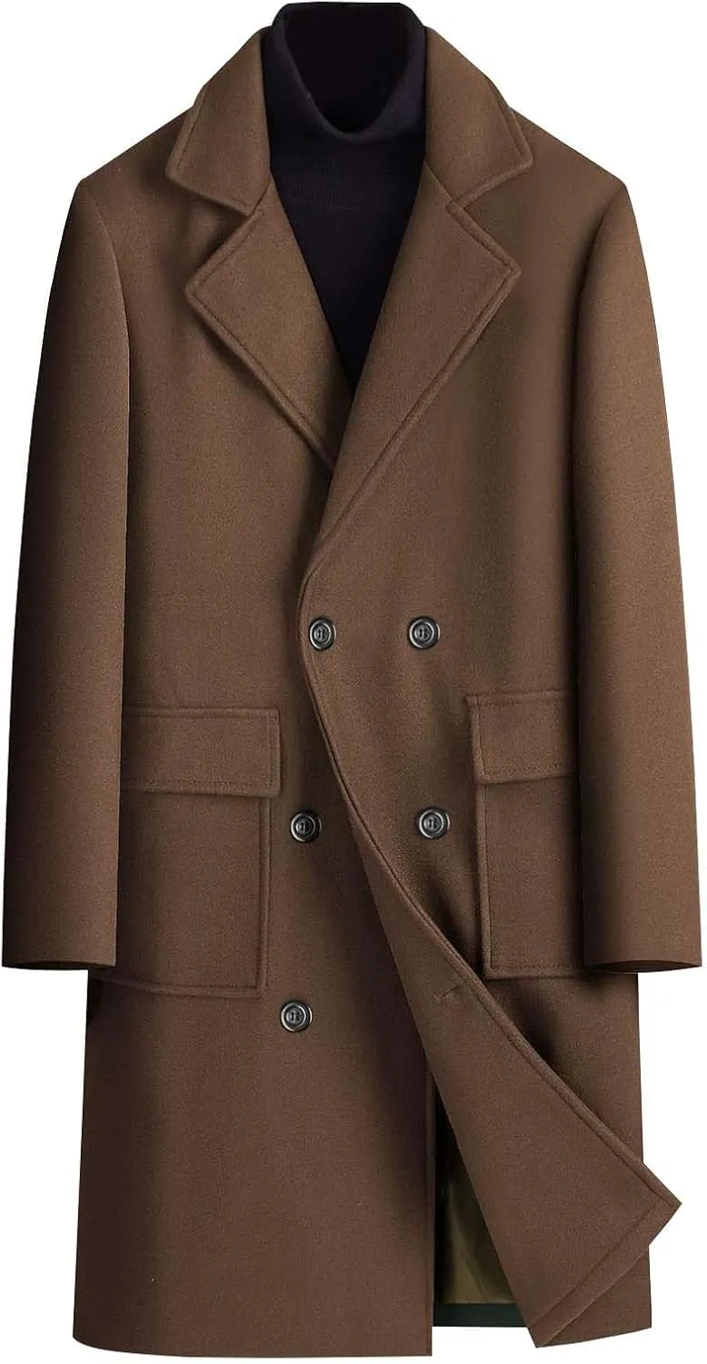 Men's Business Casual Long Trench Coat Classic Double Breasted Wool Blend Pea Coat Warm Winter Overcoat with Pockets