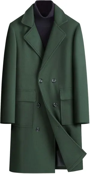 Men's Business Casual Long Trench Coat Classic Double Breasted Wool Blend Pea Coat Warm Winter Overcoat with Pockets