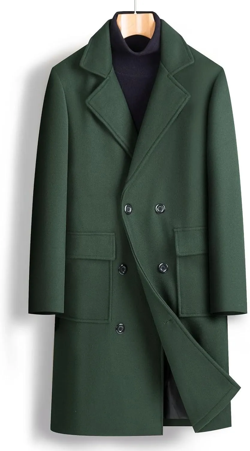 Men's Business Casual Long Trench Coat Classic Double Breasted Wool Blend Pea Coat Warm Winter Overcoat with Pockets