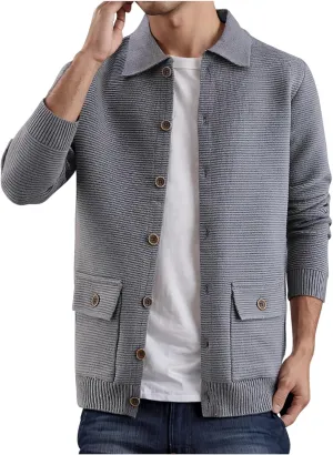 Mens Button Down Cardigan Sweater Turn Down Collar Sweater Solid Color Long Sleeve Sweater Slim Fit Knit Sweater