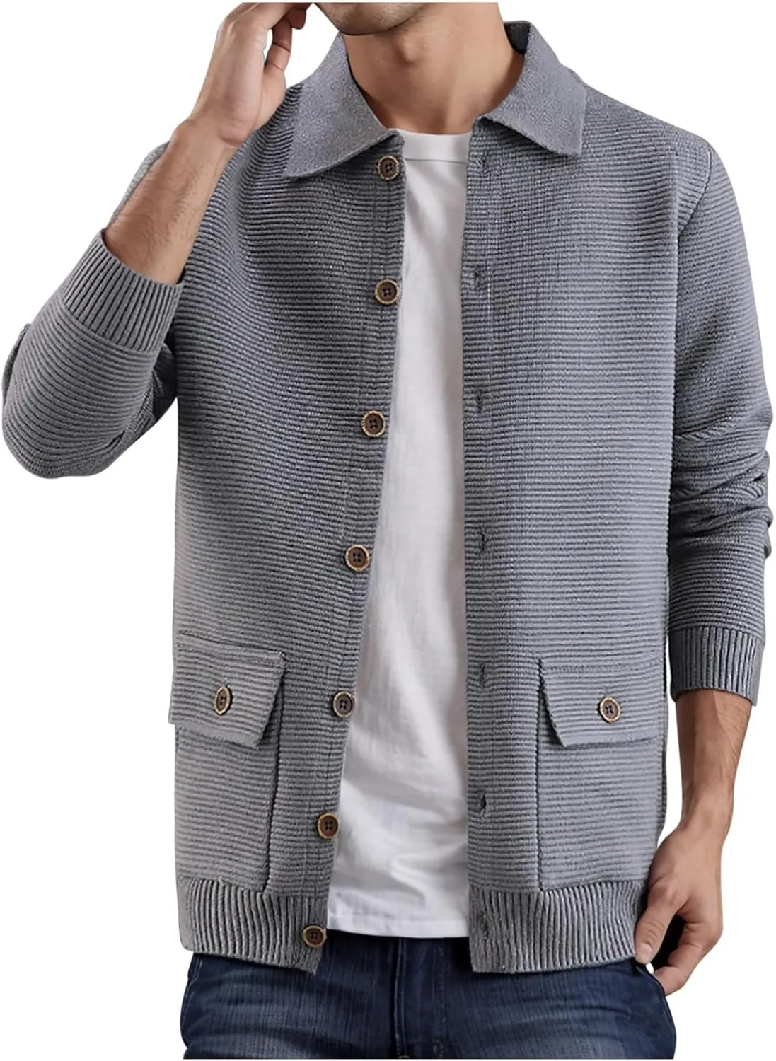 Mens Button Down Cardigan Sweater Turn Down Collar Sweater Solid Color Long Sleeve Sweater Slim Fit Knit Sweater