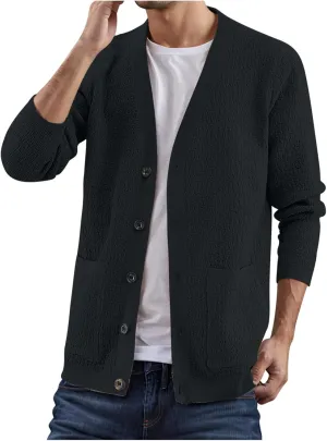 Mens Button Down Cardigan Sweater Turn Down Collar Sweater Solid Color Long Sleeve Sweater Slim Fit Knit Sweater