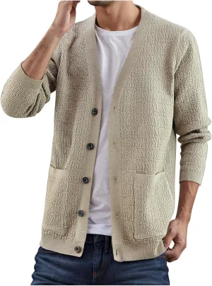 Mens Button Down Cardigan Sweater Turn Down Collar Sweater Solid Color Long Sleeve Sweater Slim Fit Knit Sweater
