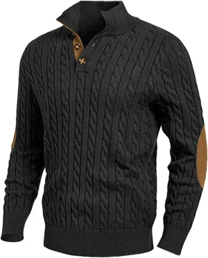 Men's Cable Knit Pullover Sweater Casual Vintage Sweaters Long Sleeve Stand Collar Button Down Textur Knitted Sweater