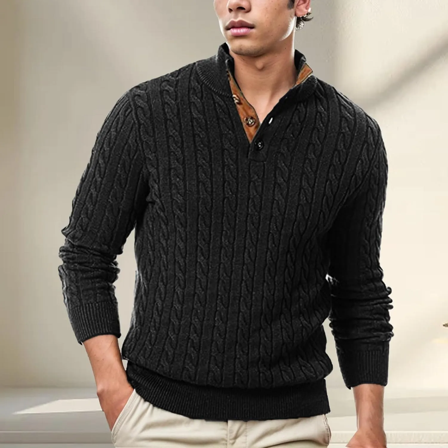 Men's Cable Knit Pullover Sweater Casual Vintage Sweaters Long Sleeve Stand Collar Button Down Textur Knitted Sweater