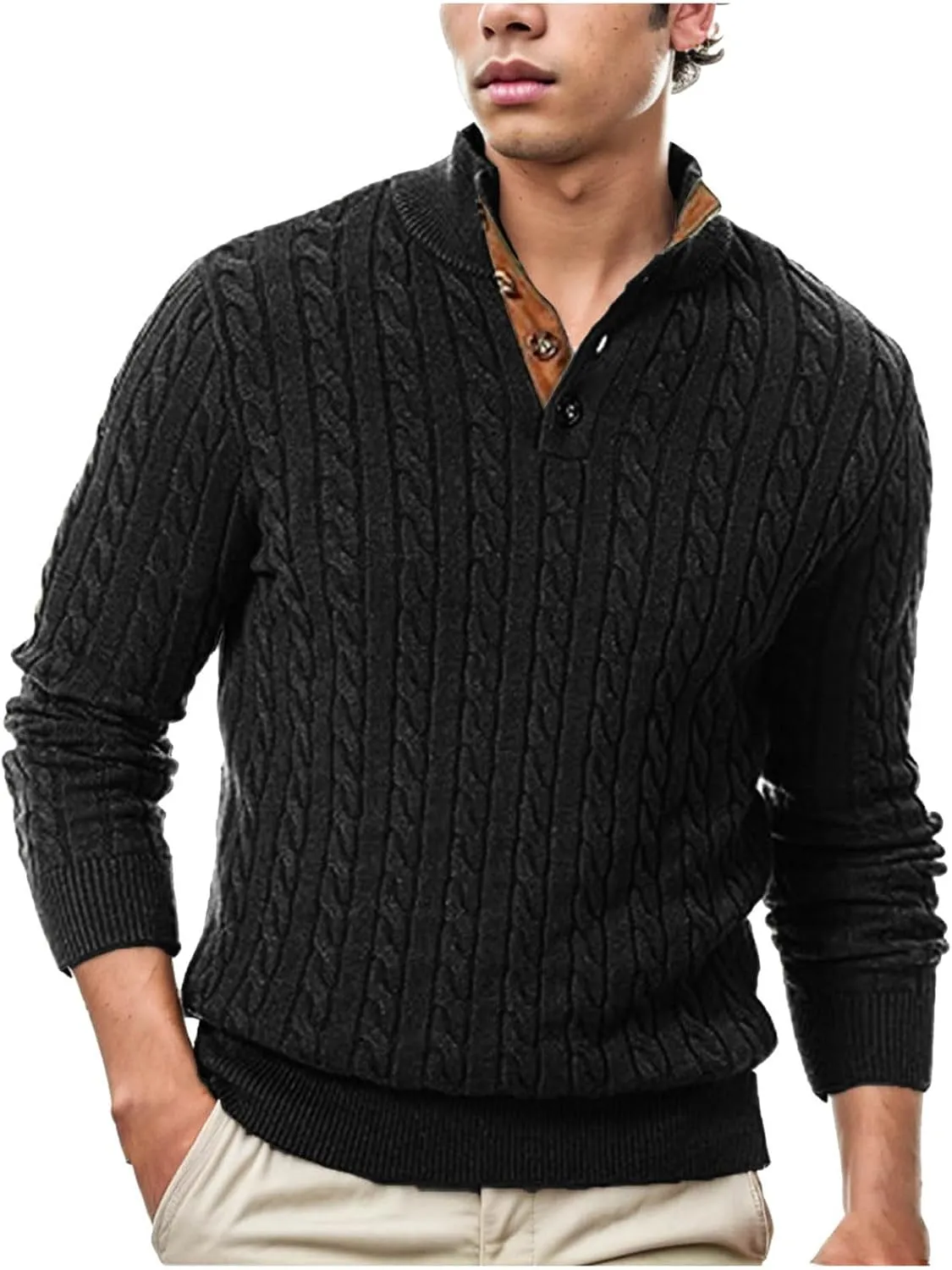 Men's Cable Knit Pullover Sweater Casual Vintage Sweaters Long Sleeve Stand Collar Button Down Textur Knitted Sweater