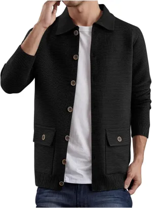 Mens Cardigan Sweater Button Down Knit Sweater Lapel Long Sleeve Sweater Casual Sweater Jacket with Pockets