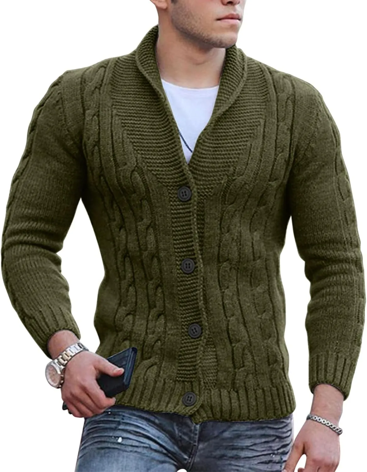 Men's Cardigan Sweater Button Down Long Sleeve Pullover Solid Color Knitted Hooded Casual Loose Knitwear with Pockets