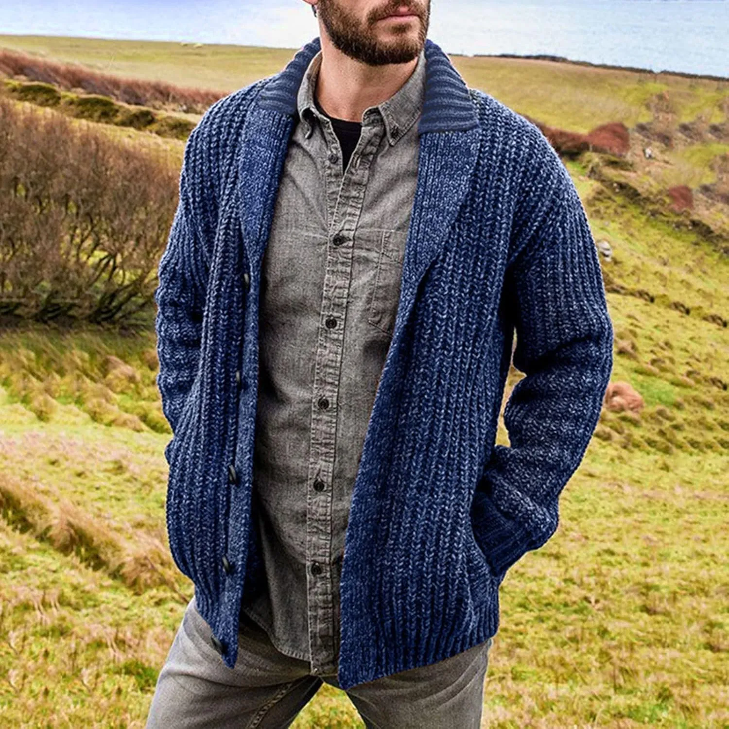 Men's Cardigan Sweater Cable Knit V Neck Button up Sweaters Ribbed Cardigan Sweater Classic Sweaters with Pockets