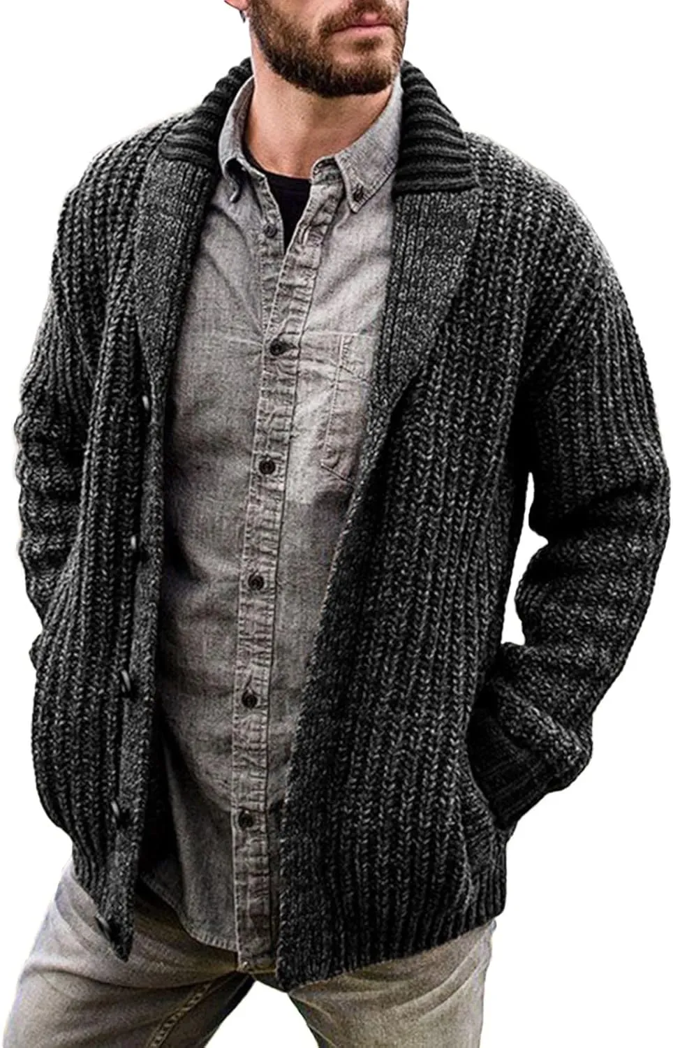 Men's Cardigan Sweater Cable Knit V Neck Button up Sweaters Ribbed Cardigan Sweater Classic Sweaters with Pockets