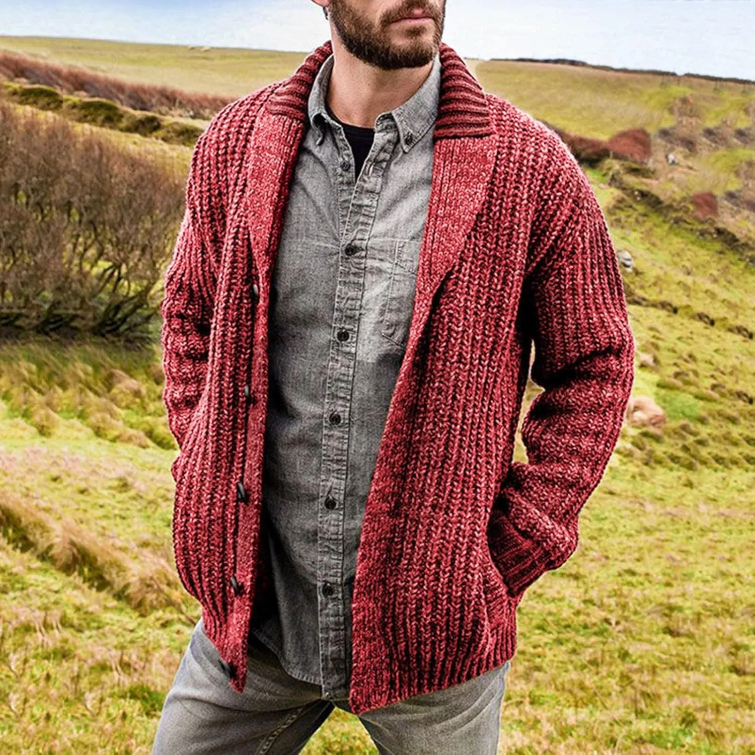 Men's Cardigan Sweater Cable Knit V Neck Button up Sweaters Ribbed Cardigan Sweater Classic Sweaters with Pockets