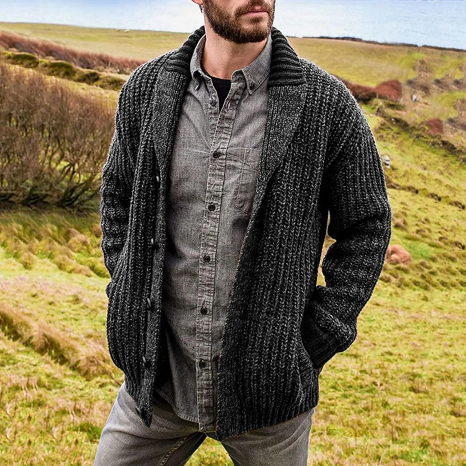 Men's Cardigan Sweater Cable Knit V Neck Button up Sweaters Ribbed Cardigan Sweater Classic Sweaters with Pockets