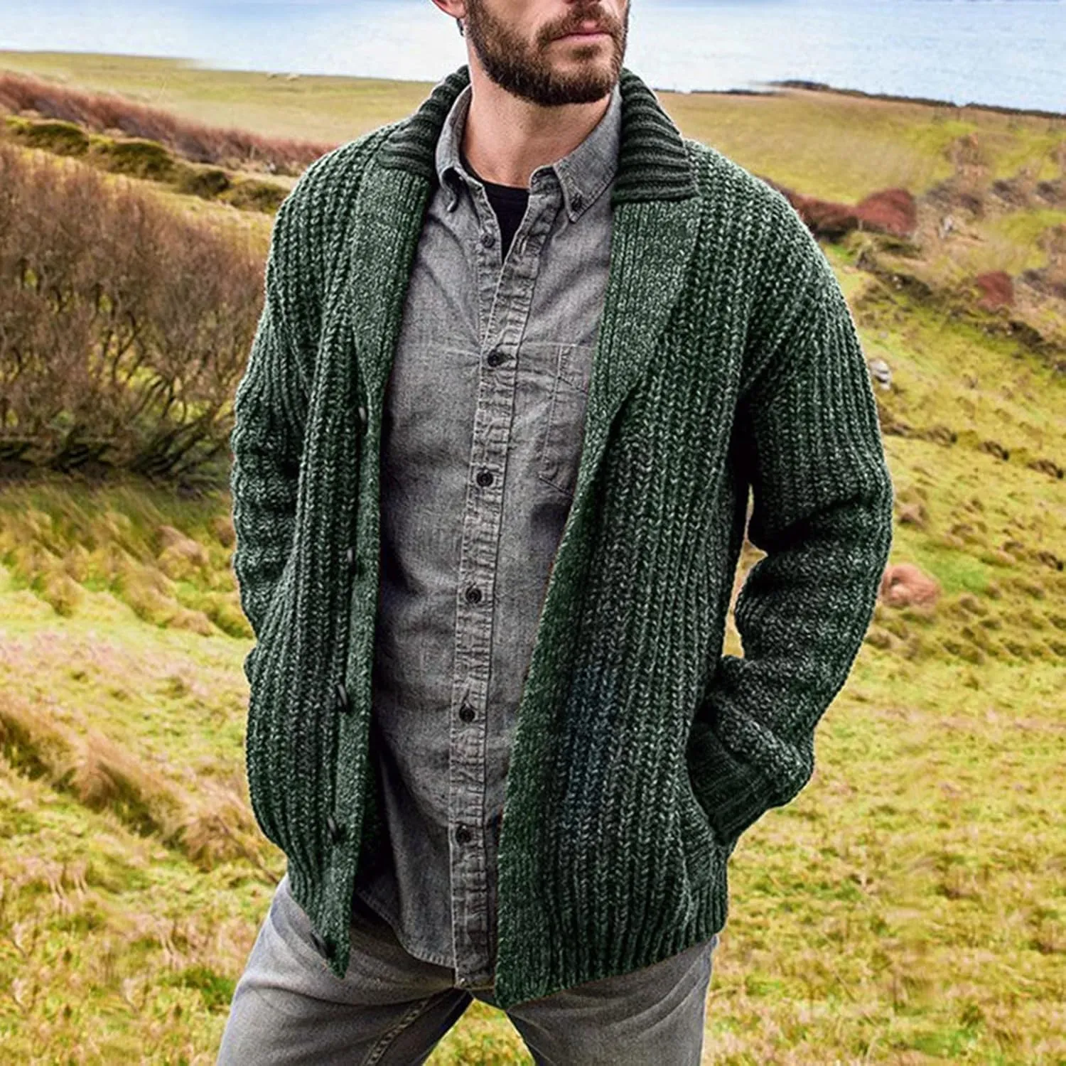 Men's Cardigan Sweater Cable Knit V Neck Button up Sweaters Ribbed Cardigan Sweater Classic Sweaters with Pockets