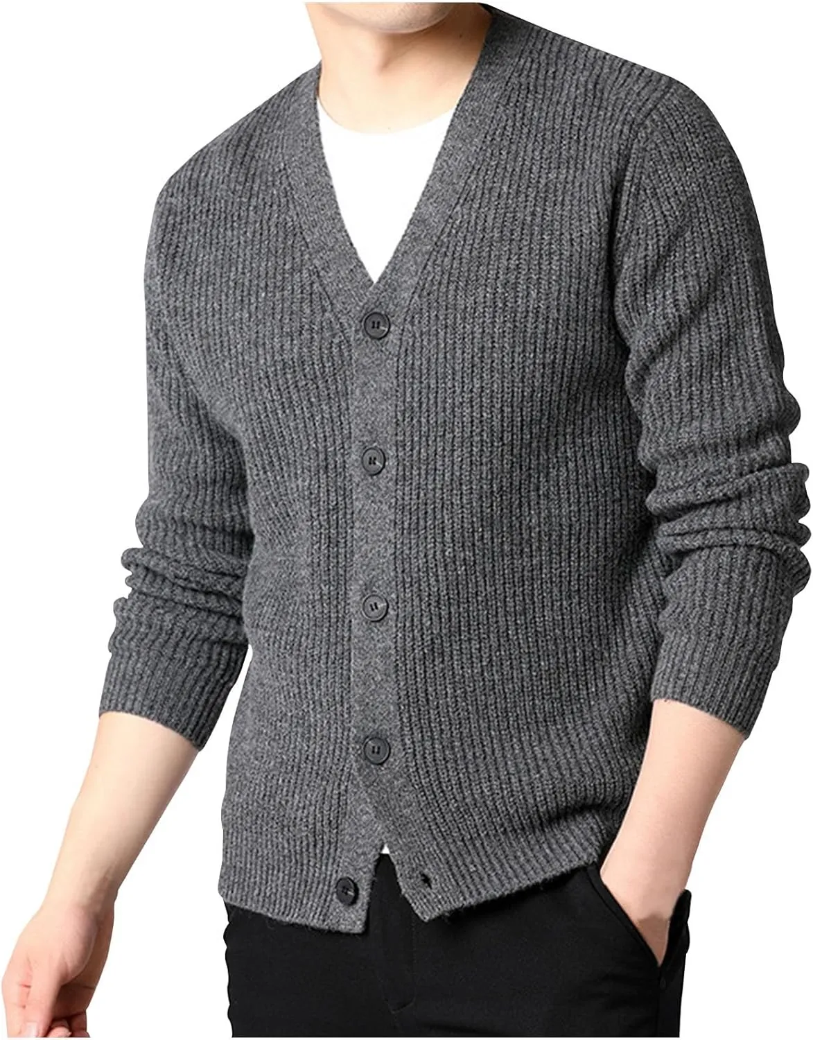 Men's Cardigan Sweater Fashion Solid Color Button Down Slim Jacket V-Neck Long Sleeves Casual Knitwear Coat Tops