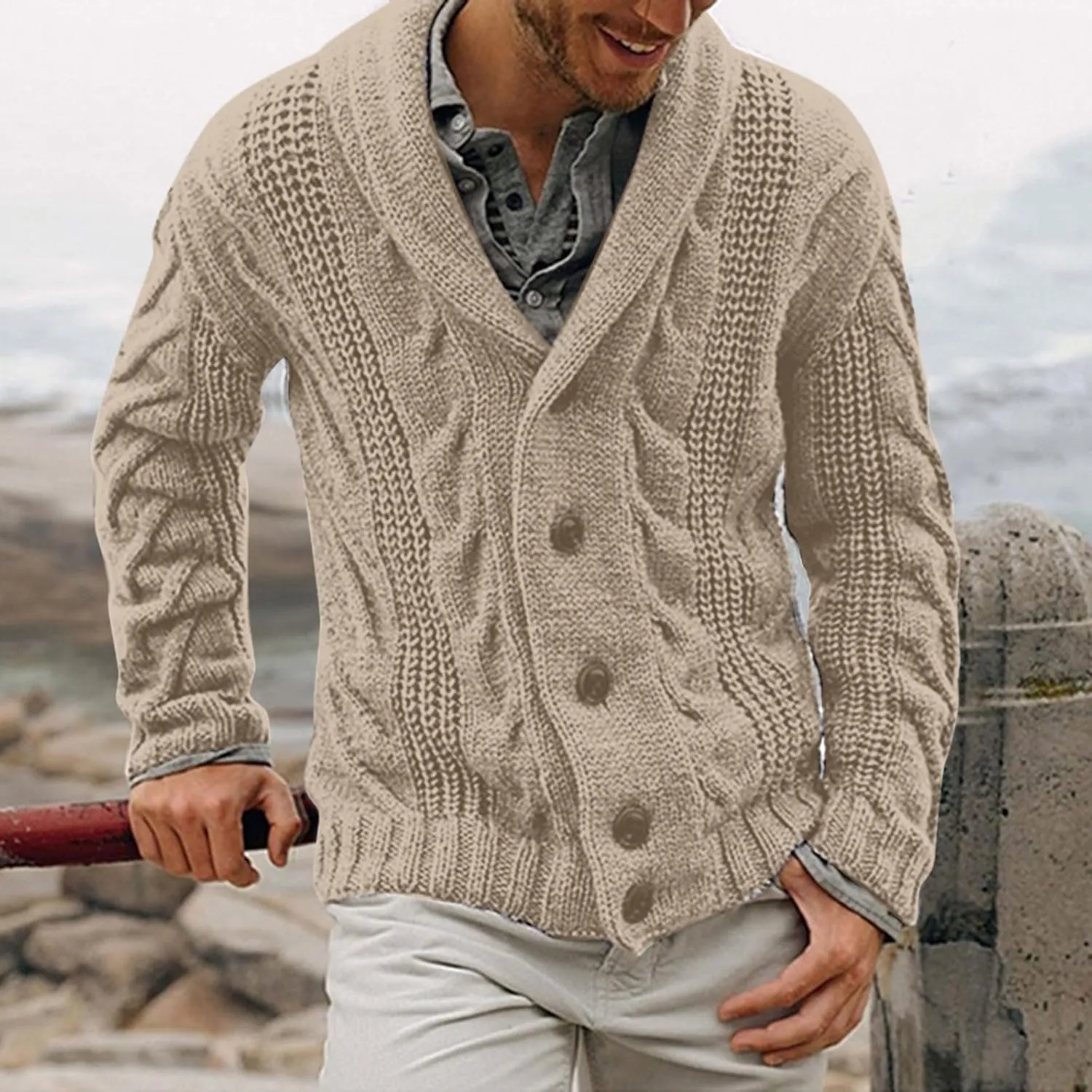 Men's Cashmere Sweaters, Mens Cable Knit Cardigan Sweater Shawl Collar Loose Fit Long Sleeve Casual Cardigans