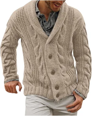 Men's Cashmere Sweaters, Mens Cable Knit Cardigan Sweater Shawl Collar Loose Fit Long Sleeve Casual Cardigans