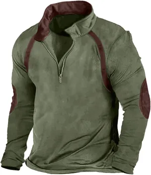 Mens Classic Distressed Military Sweatshirts Quarter-Zip Long Sleeve Tactical Casual Sport Jacket Motocycle Sweaters
