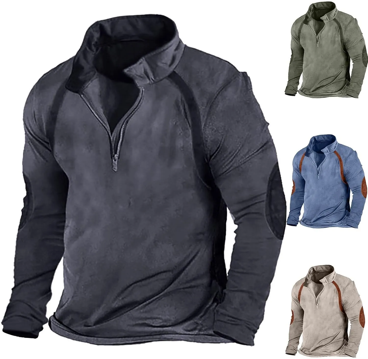 Mens Classic Distressed Military Sweatshirts Quarter-Zip Long Sleeve Tactical Casual Sport Jacket Motocycle Sweaters