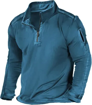Mens Classic Distressed Military Sweatshirts Quarter-Zip Long Sleeve Tactical Casual Sport Jacket Motocycle Sweaters