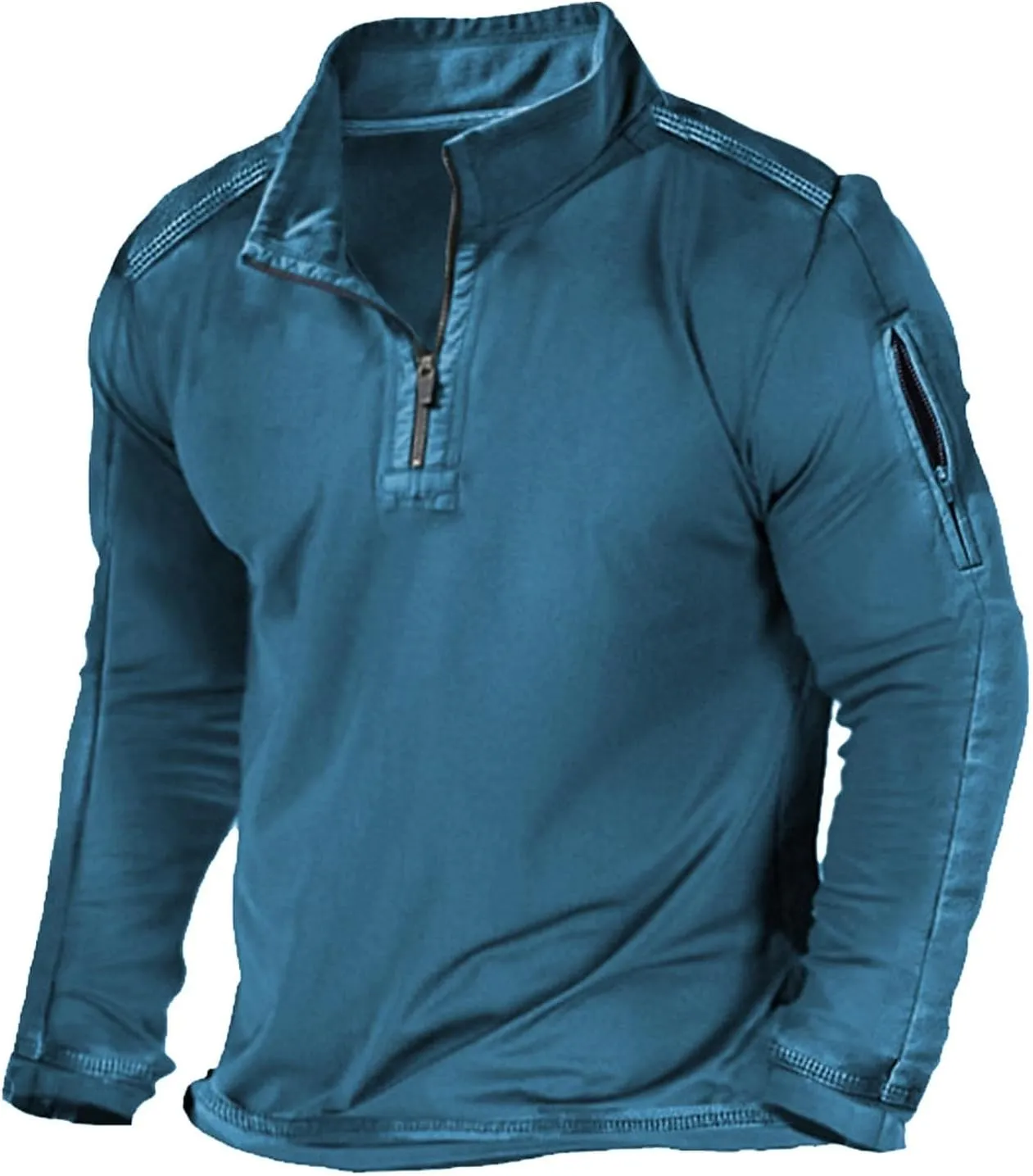 Mens Classic Distressed Military Sweatshirts Quarter-Zip Long Sleeve Tactical Casual Sport Jacket Motocycle Sweaters
