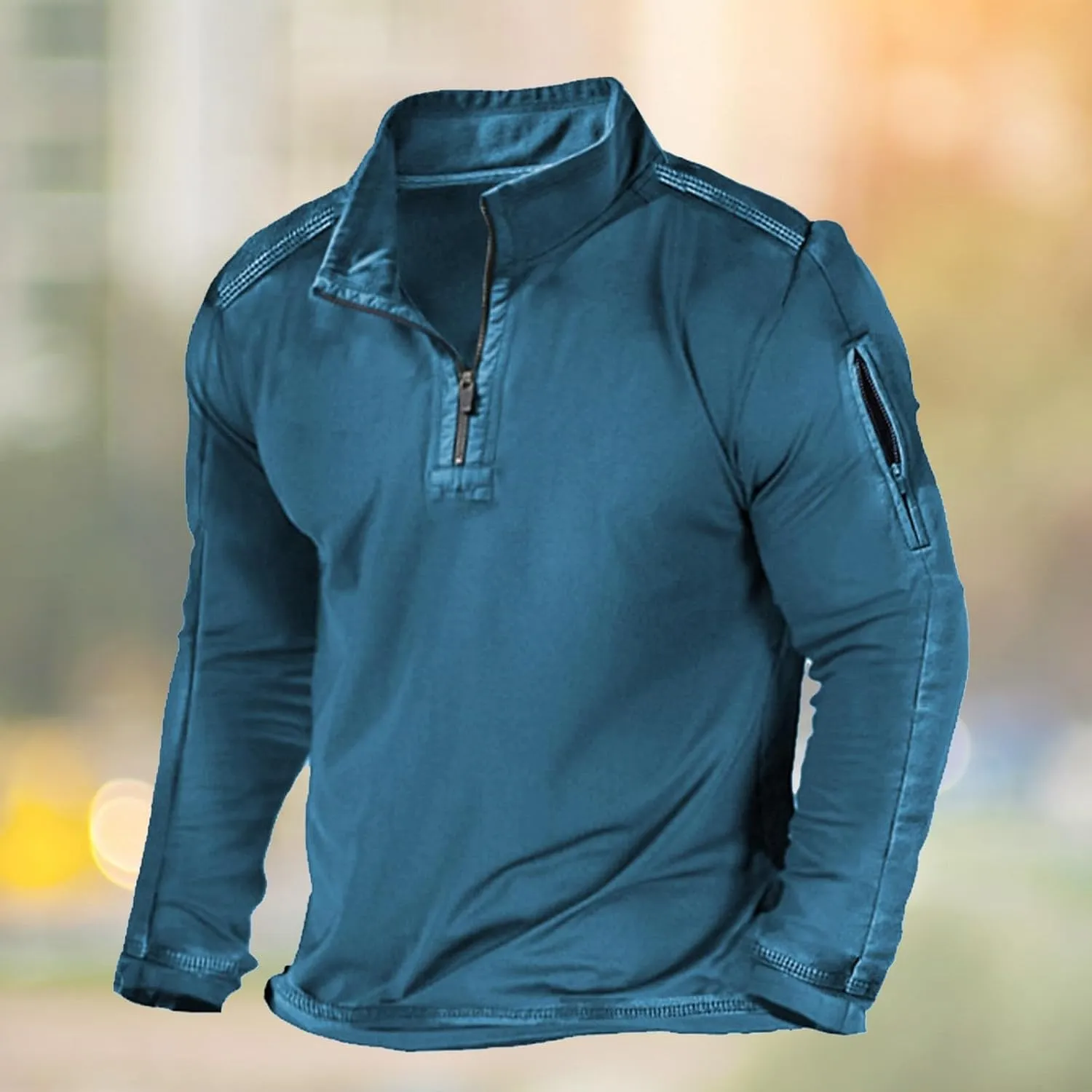 Mens Classic Distressed Military Sweatshirts Quarter-Zip Long Sleeve Tactical Casual Sport Jacket Motocycle Sweaters