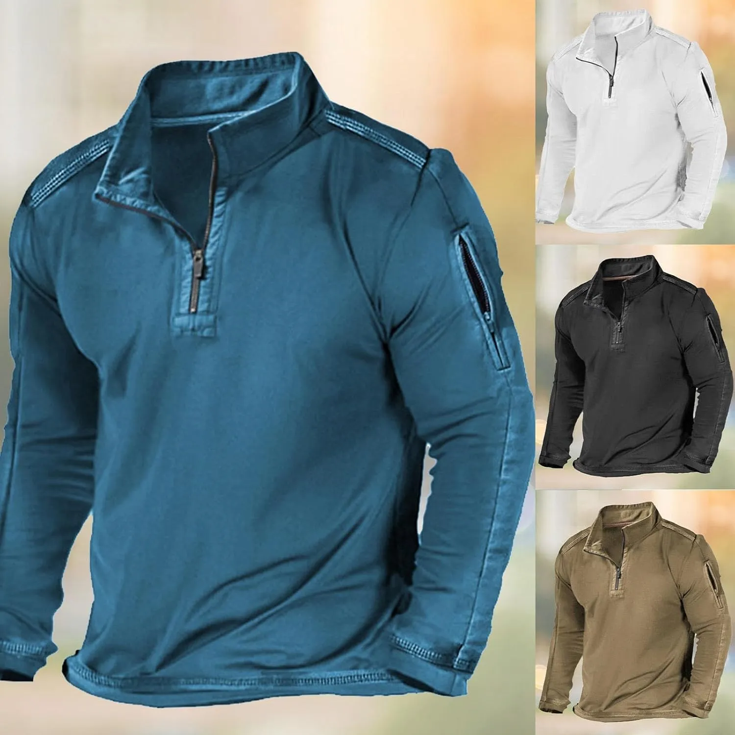 Mens Classic Distressed Military Sweatshirts Quarter-Zip Long Sleeve Tactical Casual Sport Jacket Motocycle Sweaters