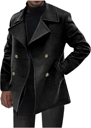 Men's Classic Notched Collar Double Breasted Wool Blend Pea Coat Winter Warm Trench Coats Business Windbreaker Jacket