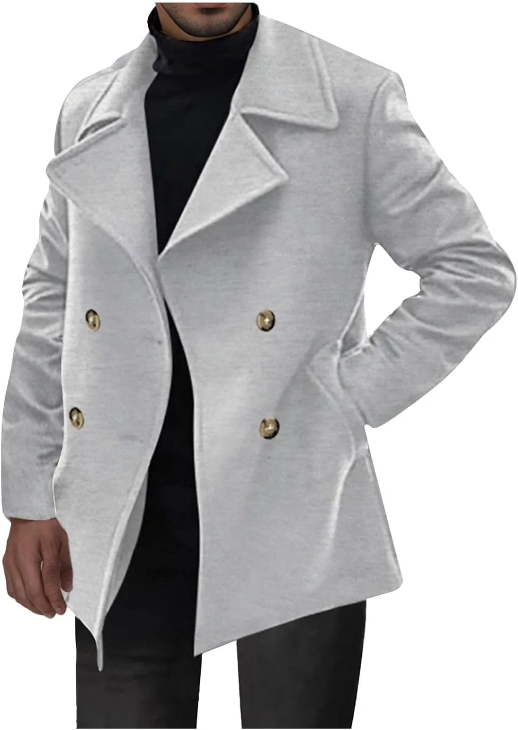 Men's Classic Notched Collar Double Breasted Wool Blend Pea Coat Winter Warm Trench Coats Business Windbreaker Jacket