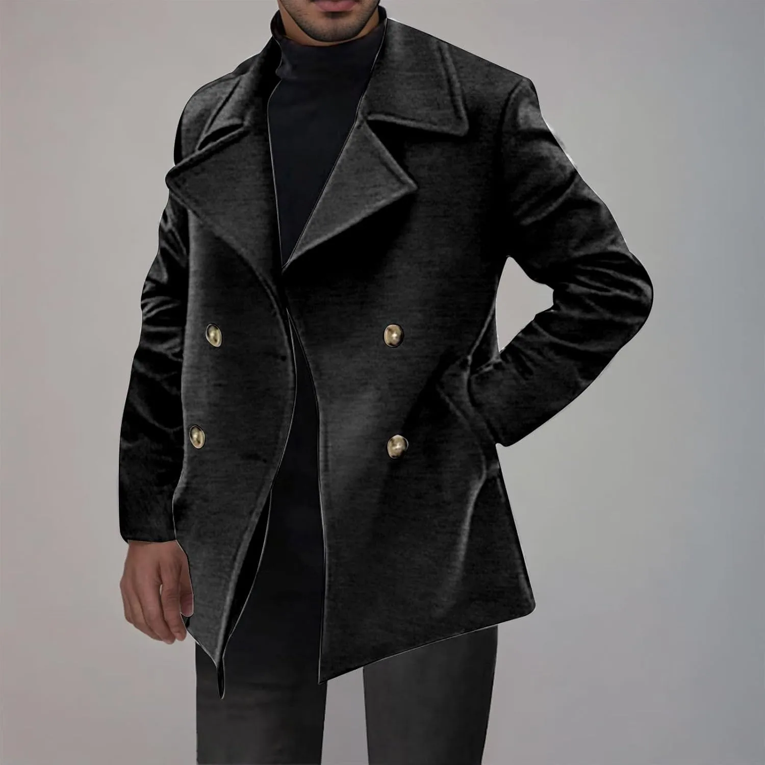 Men's Classic Notched Collar Double Breasted Wool Blend Pea Coat Winter Warm Trench Coats Business Windbreaker Jacket