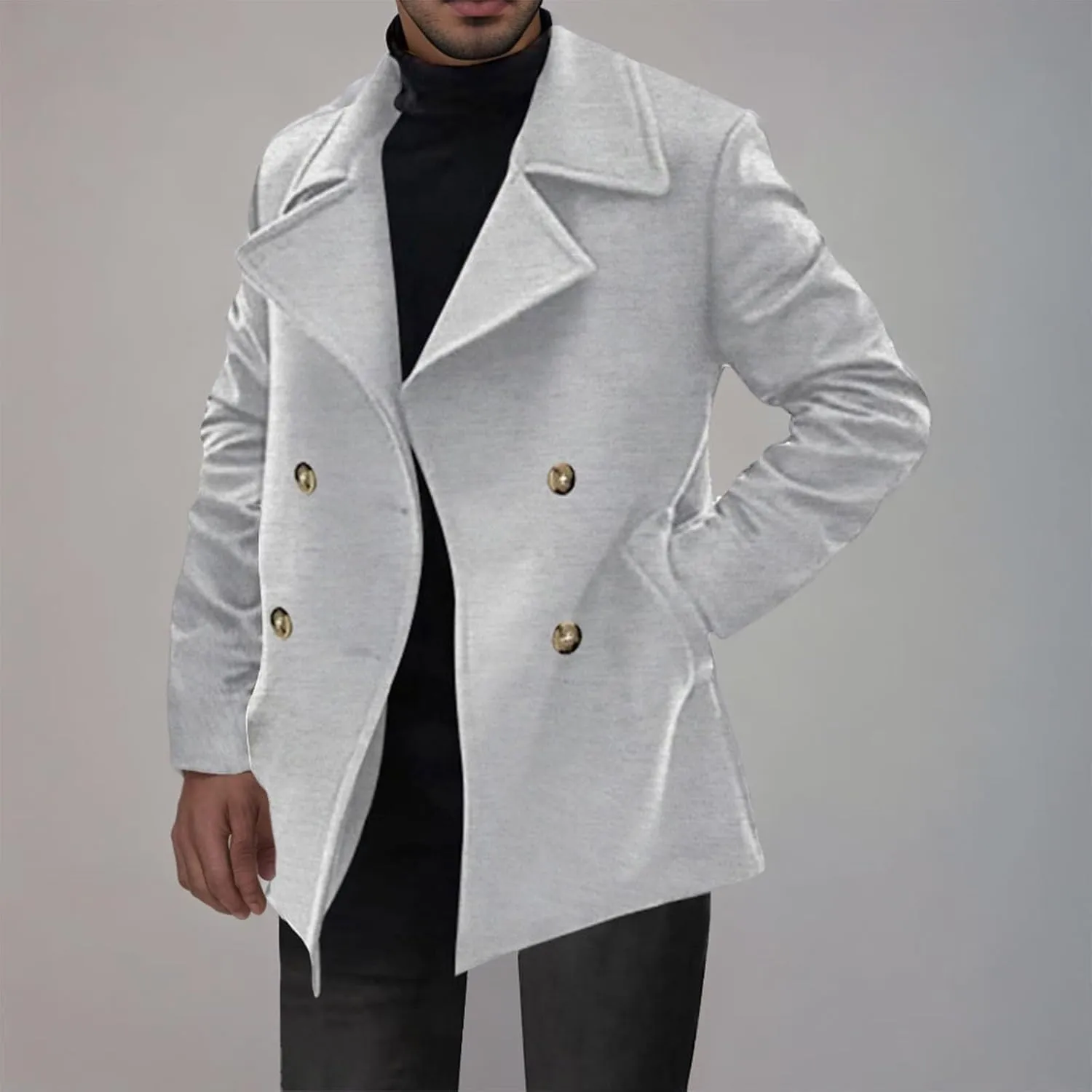 Men's Classic Notched Collar Double Breasted Wool Blend Pea Coat Winter Warm Trench Coats Business Windbreaker Jacket