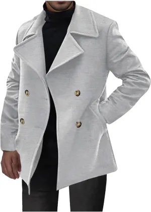 Men's Classic Notched Collar Double Breasted Wool Blend Pea Coat Winter Warm Trench Coats Business Windbreaker Jacket