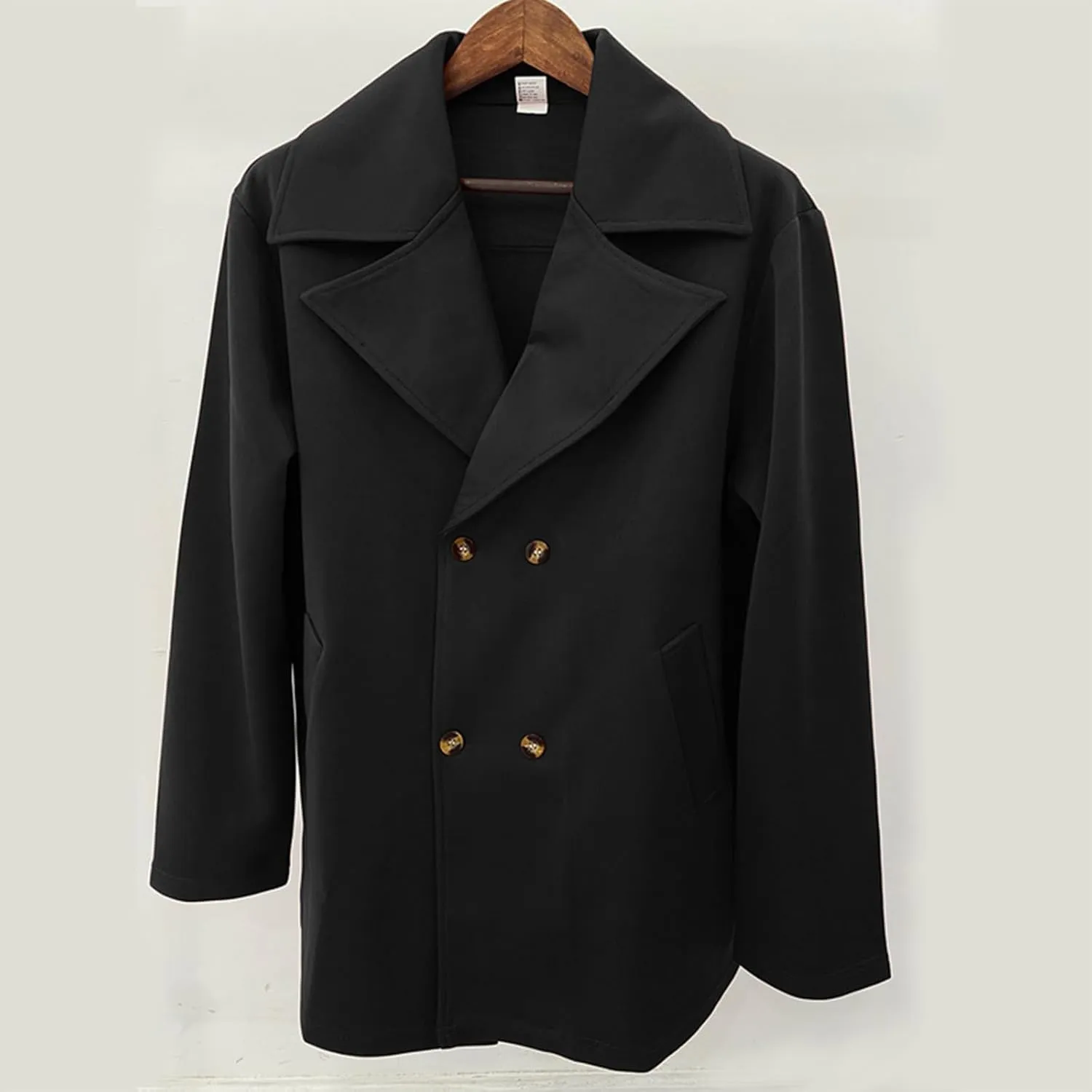 Men's Classic Notched Collar Double Breasted Wool Blend Pea Coat Winter Warm Trench Coats Business Windbreaker Jacket