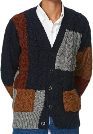 Mens Color Block Cardigan Sweater Button Down Cable Knitted Chunky Cardigans Vintage Open Front Sweaters