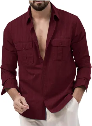 Mens Corduroy Shirts Casual Western Long Sleeve Button Down Shacket Jackets Regular Fit Work Tops with 2 Flap Pockets
