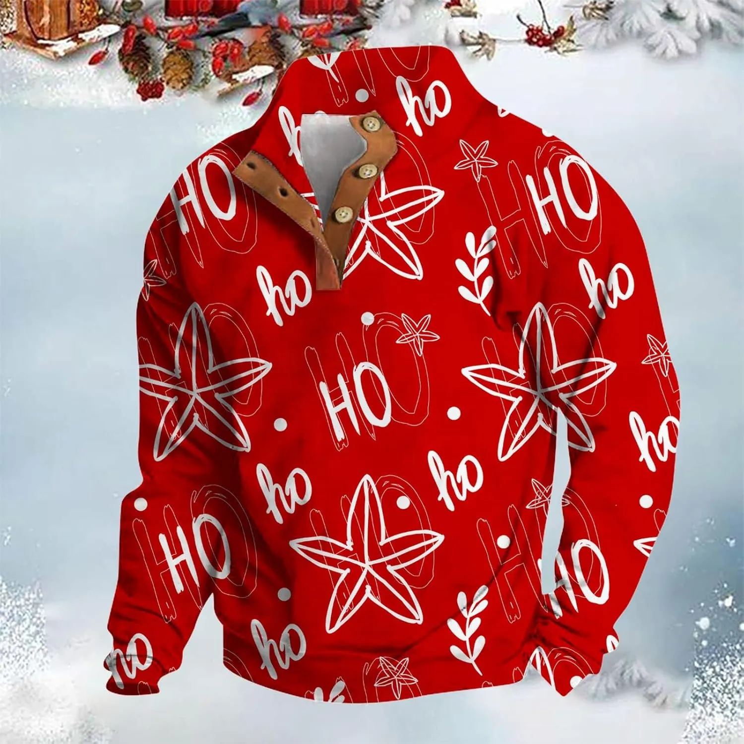 Mens Corduroy Sweater Christmas Tree Elk Printed Long Sleeve Button Henry Collar Polo Shirt Holiday Santa Sweatshirt