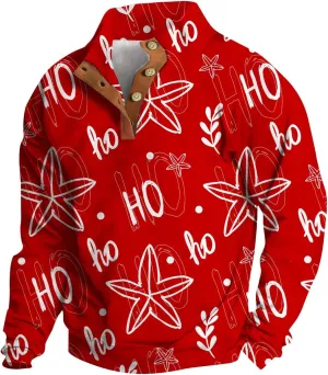 Mens Corduroy Sweater Christmas Tree Elk Printed Long Sleeve Button Henry Collar Polo Shirt Holiday Santa Sweatshirt