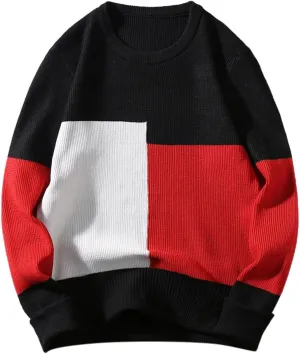 Mens Crewneck Oversized Sweaters Long Sleeve Patchwork Knit Jumper Pullover Stretchy Autumn Fashion Blouse T Shirts